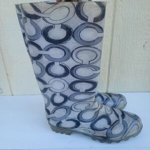 Women's Coach Pixy Signature Print Rubber Rain Boots Blk/White Sz 10